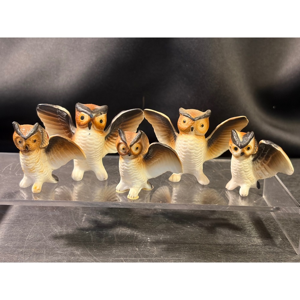Vintage Bone China Owl Figurines Set of 5 Hand Painted Japan Miniature Birds